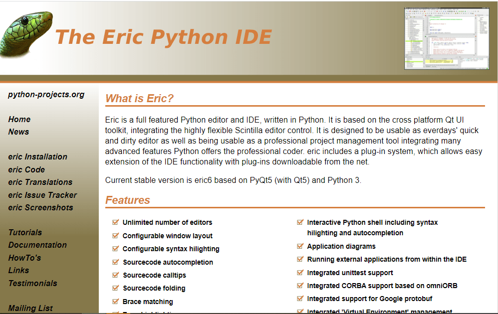 Eric Python editor homepage 