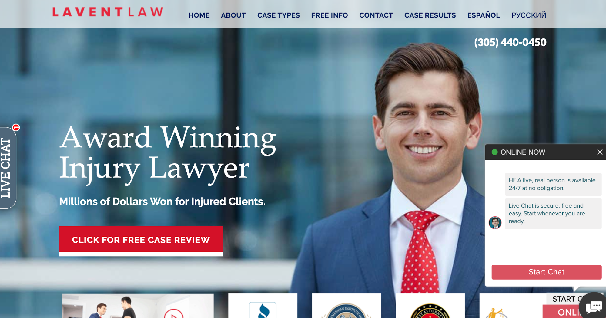 Lavent Law uses live chat on its landing page