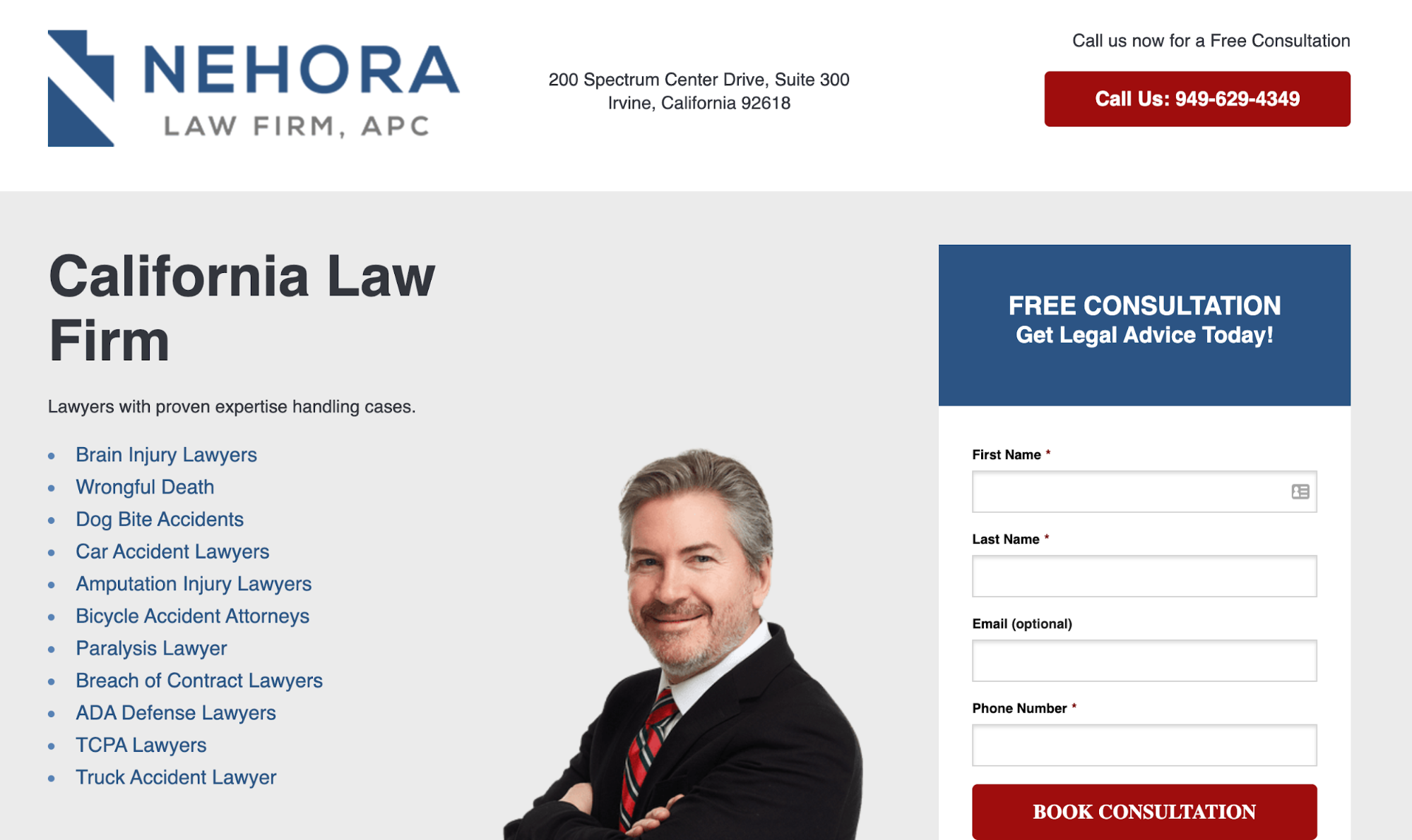 Nehora Law Firm lists its legal niches and displays a lead capture landing page form